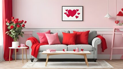 Mockup frame in the valentine's room with have sofa and home decor for valentine's day