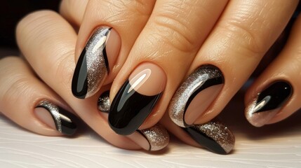 Fashionable nail design with black and silver glitter, showcasing modern manicure trends.