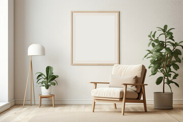 Beige and Scandinavian fusion in a living area, showcasing a single chair, a plant, and an empty frame for your words.