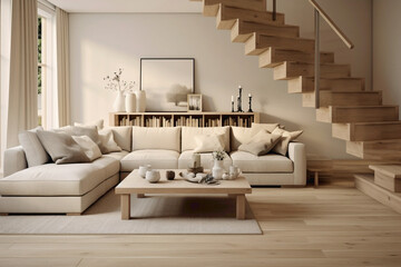 Interior shot capturing the essence of a Scandinavian living room with beige stairs, plush sofas, and a wooden coffee table.