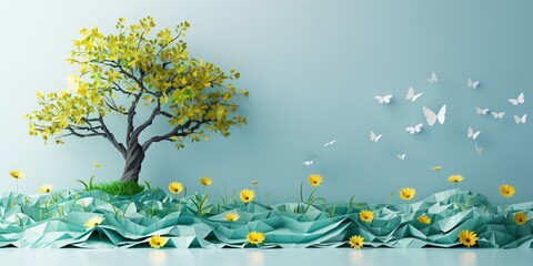 3D paper style art background for earth day, free space for text, ecology, environment, green blue planet