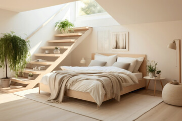 A serene Scandinavian bedroom featuring a neutral color palette of creams and beiges, with a sleek...