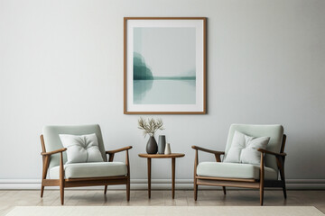 Tranquil living space featuring a single chair, a touch of nature, and an empty frame for your expressive text.