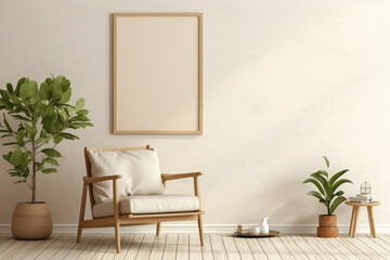 Beige and Scandinavian aesthetic captured in a living room, highlighting a chair, foliage, and space for text.