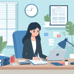 Young businesswoman working at her desk in office, vector illustration
