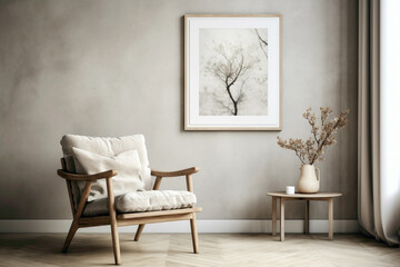 Nordic chic in a living space featuring a lone chair, botanical element, and an open frame for text.