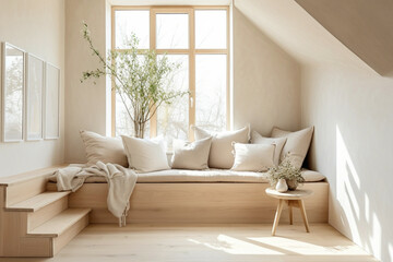 Cozy Scandinavian interior with beige stairs and a tranquil window nook for relaxation.