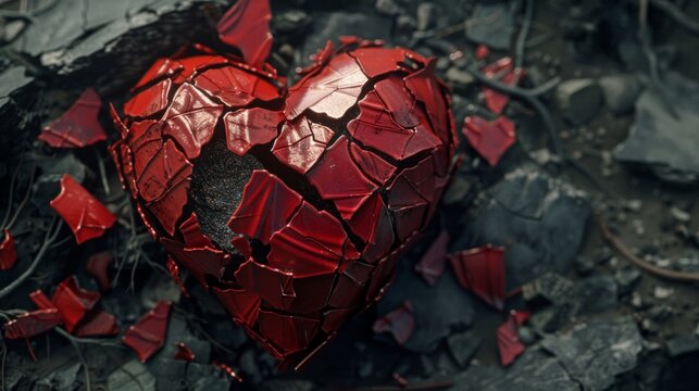 Conceptual image of a cracked red heart on a dark background, symbolizing heartbreak or loss.