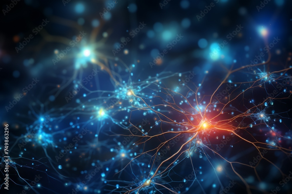 Wall mural neuron cells neural network under microscope neuro research science brain signal information transfe
