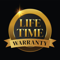 lifetime warranty logo with golden shield and golden ribbon.Vector illustration.