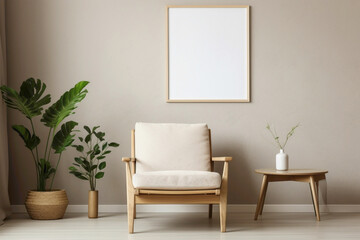 Dive into simplicity in a beige-themed living room with a wooden chair, a flourishing plant, and an empty frame awaiting your message.