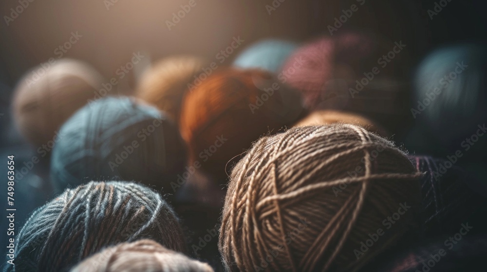 Poster moody lighting casts a soft glow on an array of wool yarn balls, focusing on the intricate textures 
