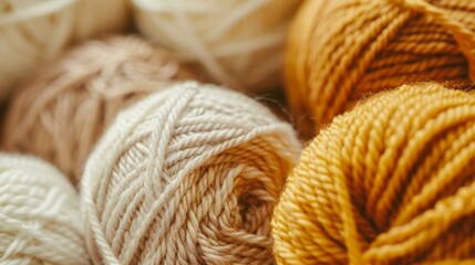 Close-up of balls of yarn in warm shades of cream and mustard, evoking a cozy, crafty atmosphere.