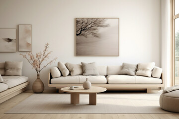 Fototapeta na wymiar A minimalist beige living room with Scandinavian design elements, characterized by clean aesthetics, functional furniture, and serene ambiance.