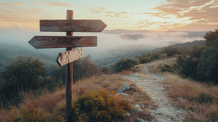 landscape with beautiful evening or morning in the mountains, sign pole with empty arrows - obrazy, fototapety, plakaty