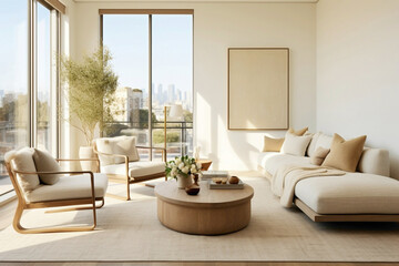 A living room furnished with beige upholstered seating, wooden accents, and cozy throws. Large windows let in plenty of natural light, highlighting the minimalist decor.