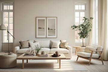 Fototapeta na wymiar A serene Scandinavian living room bathed in soft beige tones, accented by clean lines, minimalist decor, and abundant natural light.