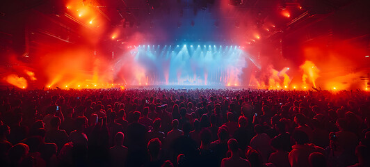 Concert crowd in front of a bright stage with lights and smoke.  Live, rock concert, party,...