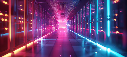 Backup, mining, hosting, mainframe and computer rack with storage information. Futuristic Server room data center. 