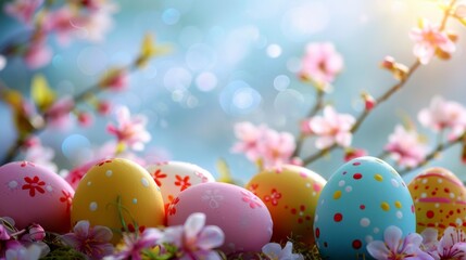 Vibrant Easter eggs nestled among spring blossoms with a dreamy bokeh background.