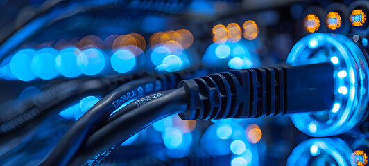 Close up of network cable in data center room. Fiber optic with servers in a technology data center. Blue toned. Glowing data cables transferring information.	