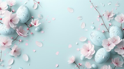 Speckled Easter eggs complementing the pink magnolias on a tranquil teal backdrop.