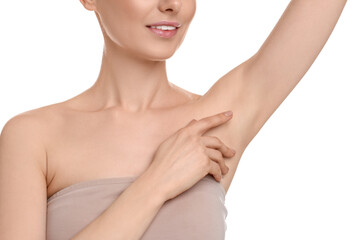 Obraz na płótnie Canvas Woman showing armpit with smooth clean skin on white background, closeup