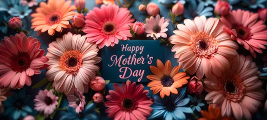 Fototapeten Happy Mother's Day card with colorful gerbera flowers on blue background. Beautiful Floral flat lay greeting card with beautiful gerberas. Day for equal rights © mandu77