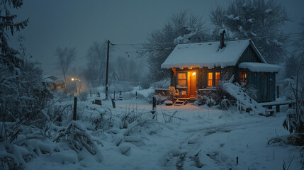 A snow-covered forest landscape on a peaceful winter night, a warm and cozy cabin emerges with glowing windows, inviting passersby to seek comfort and shelter in its inviting embrace. - obrazy, fototapety, plakaty