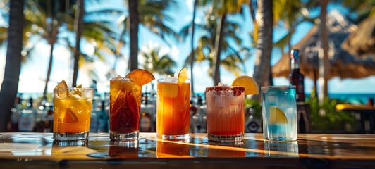 Cocktails on the beach with palm trees in the background. 	
Colorful summer cocktails on luxury...
