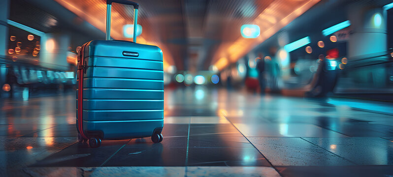 Blue suitcase on the floor in the airport terminal. 3d rendering. Business travel with suitcase and airport background. Travel and vacation concept, Suitcases in the airport.	
