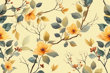 Flower seamless pattern with abstract floral branches with leaves, blossom flowers and berries. Vector nature illustration in vintage watercolor style on light yellow background