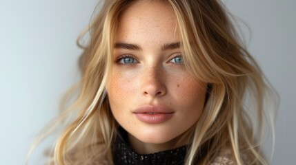  a close up of a woman's face with freckled blonde hair and blue eyes and a black scarf around her neck and a white wall in the background.