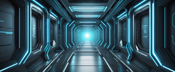 Blue futuristic sci-fi style corridor or shaft background with exit or goal ahead.Abstract cyber or digital speedway concept. 3D illustration, 3D rendering.