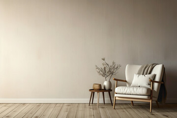 Nordic warmth a?" a beige chair in a serene living room, offering a blank canvas for text.