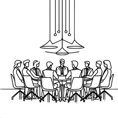 Business team meeting, meeting employees at the table, single line vector image