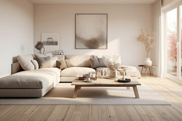 A tranquil Scandinavian living room in calming beige hues, designed for relaxation and comfort with...