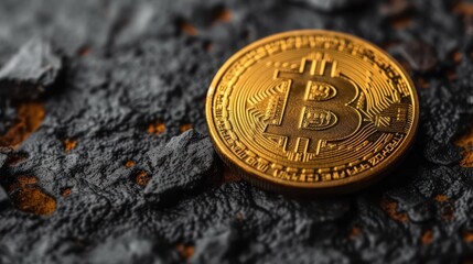  a bitcoin sitting on top of a rock in the middle of the day, with a bitcoin in the middle of it's foreground.