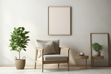 Create your haven in a tranquil beige living room with a wooden chair, a lively plant, and an empty frame eager for your words.