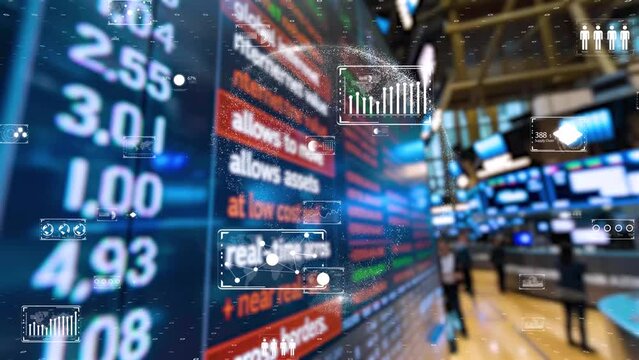The energetic buzz of the stock exchange augmented with futuristic data visualization and analytics interfaces.