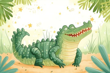 Obraz premium a greetings card for a happy birthday. a color drawing illustration of a cheerful green crocodile celebrating a personal holiday with a cake with candles, balloons and presents. A postcard template