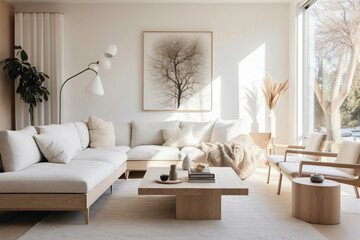 A minimalist Scandinavian-inspired living room featuring a soothing palette of beige and white, enhanced by natural light and clean design.