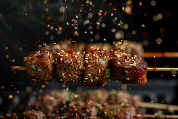 Juicy meat skewers sizzle on a flaming grill with sparks flying, capturing the essence of a Mala barbecue. Close-up of Mala skewers with a delicate sprinkle of sesame seeds.