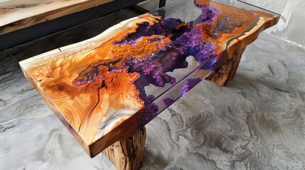 Wooden dining table is a handmade product made using epoxy resin, generative ai