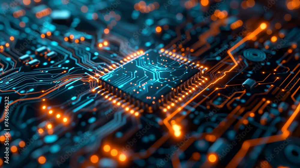 Poster ai processor chip circuit board blue tech background template for web banner poster with copyspace f