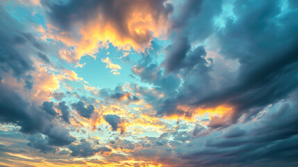 Real majestic sunrise sundown sky background with gentle colorful clouds . Generative Ai - obrazy, fototapety, plakaty