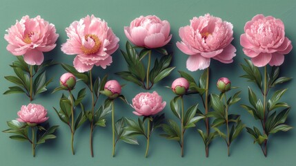  a group of pink flowers sitting next to each other on a green surface with leaves and buds on each side of the flowers, and a few pink peonies in the middle.