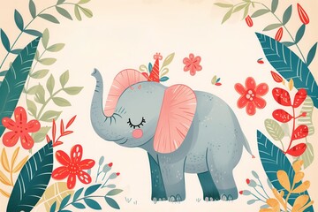 a greetings card for a happy birthday. a color drawing illustration of a cheerful elephant celebrating a personal holiday with a cake with candles, balloons and presents. A postcard template