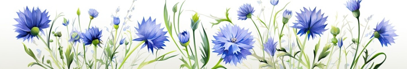 Painted cornflowers are blue with green leaves on a white background