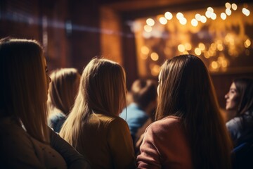 Diverse group backs of young people sitting outdoors man woman students listening speaker watching presentation conference cinema concert. Business education learning study entrepreneurship audience
